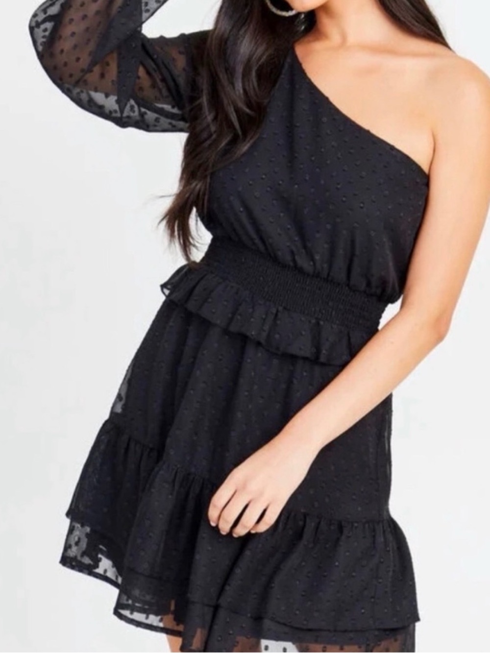 Altar'd State Black One-Shoulder Ruffle Swiss Dot Dress NWT
